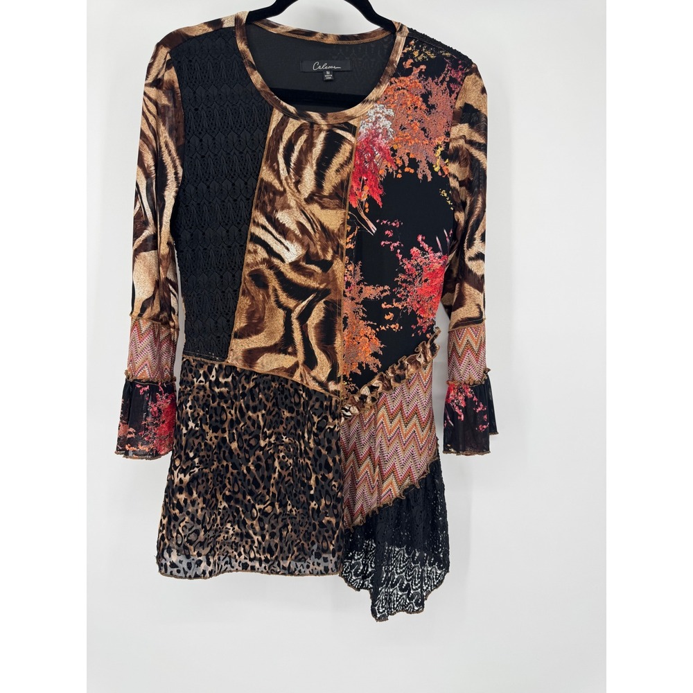 Calessa Tunic Top Medium Animal Print Lace‎ Patchwork Bell Sleeve
